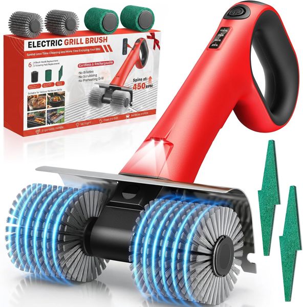 Red NeatLt cordless electric grill brush with dual rotating brush heads
