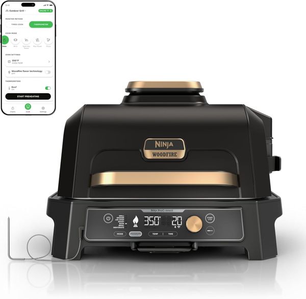 Ninja Woodfire ProConnect Premium XL electric outdoor grill and smoker in black and gold