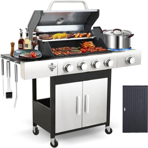 Grill Depots four-burner propane grill with reversible griddle and side burner